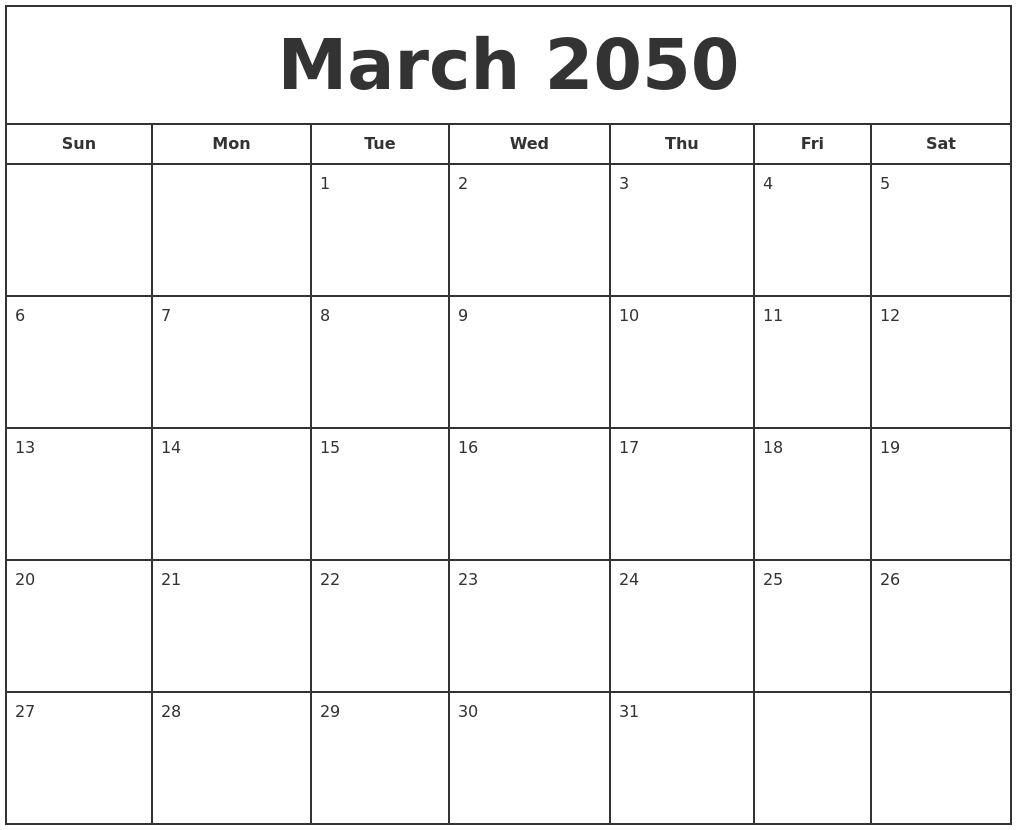 March 2050 Print Free Calendar