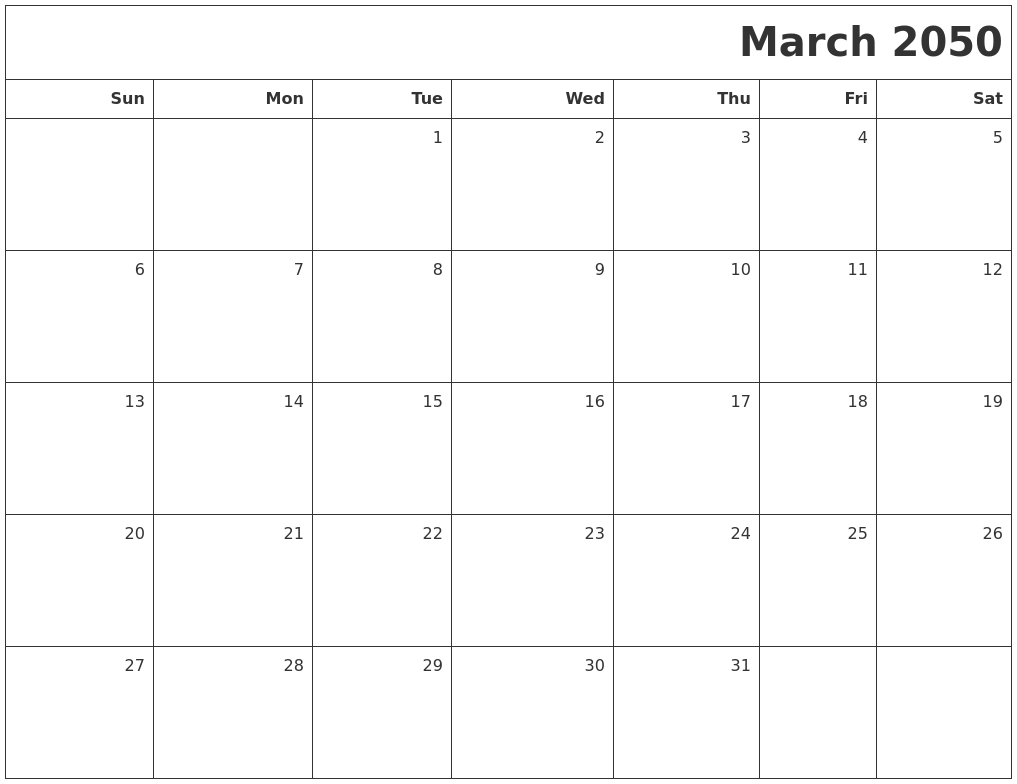 March 2050 Printable Blank Calendar