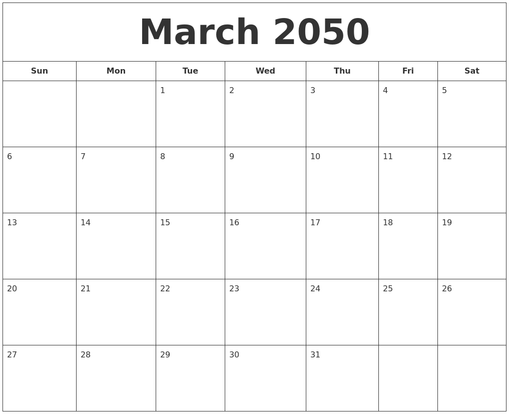 March 2050 Printable Calendar
