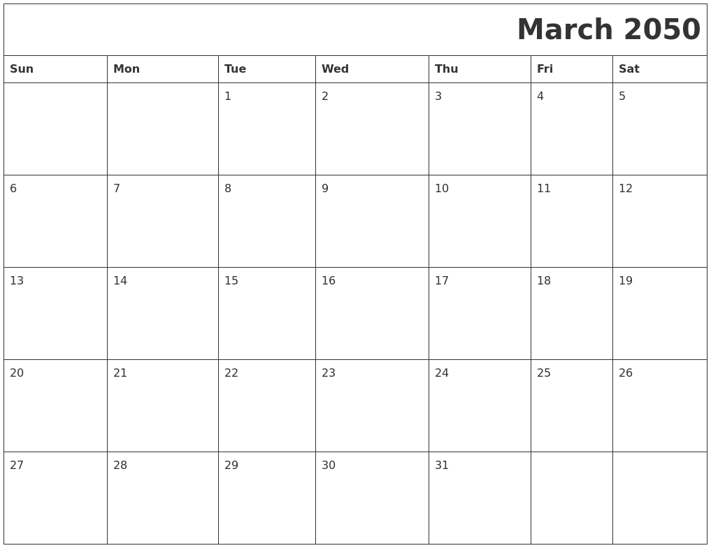 March 2050 Printable Calender