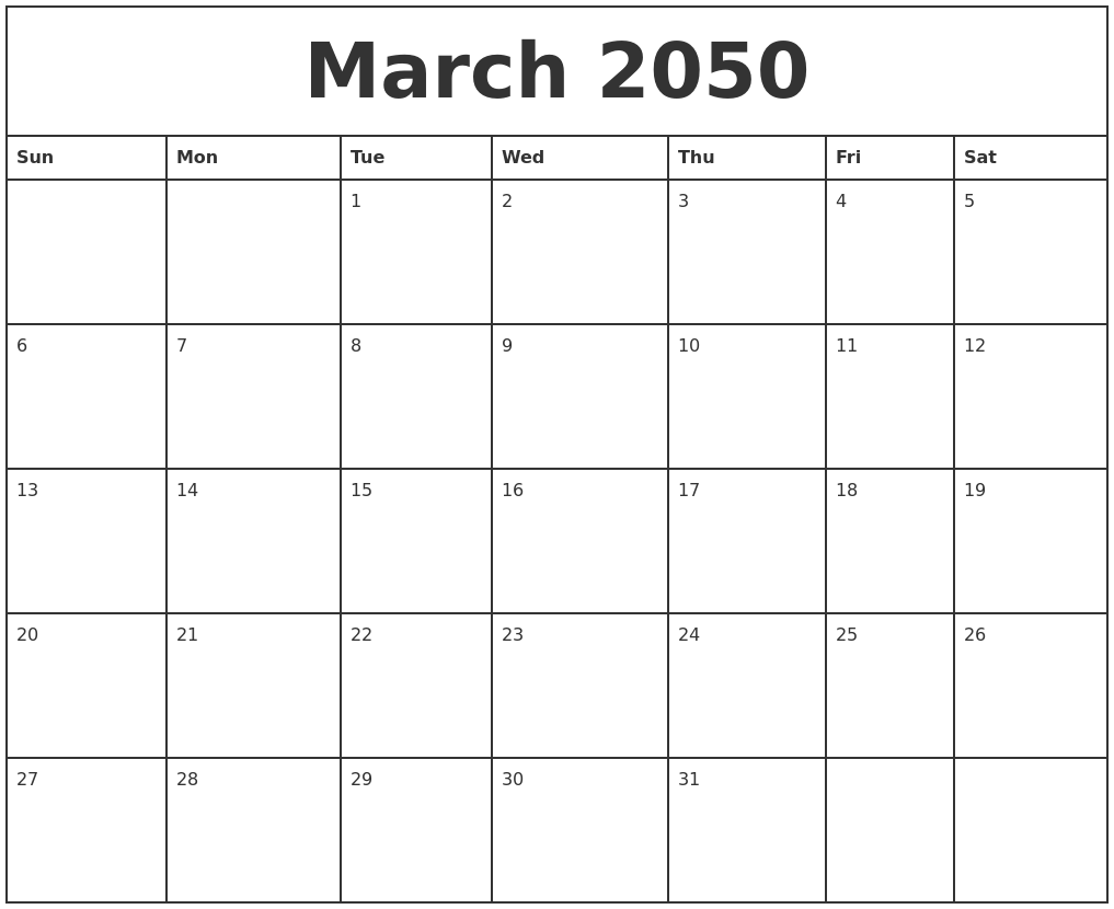 March 2050 Printable Monthly Calendar