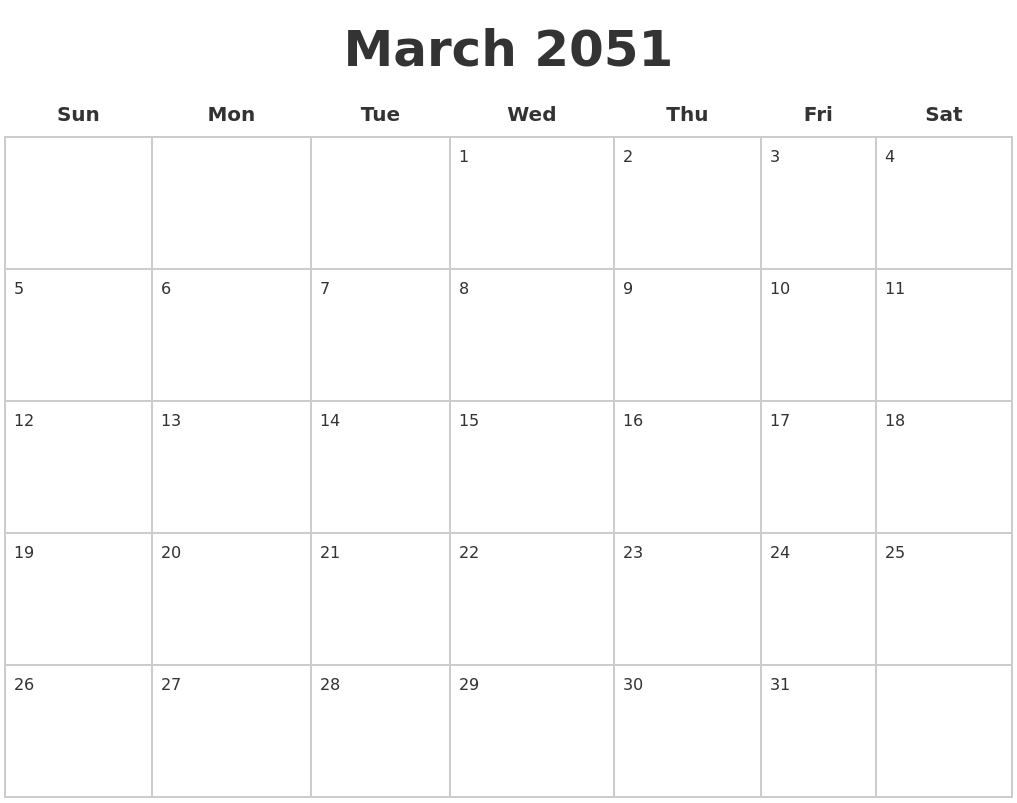 March 2051 Blank Calendar Pages