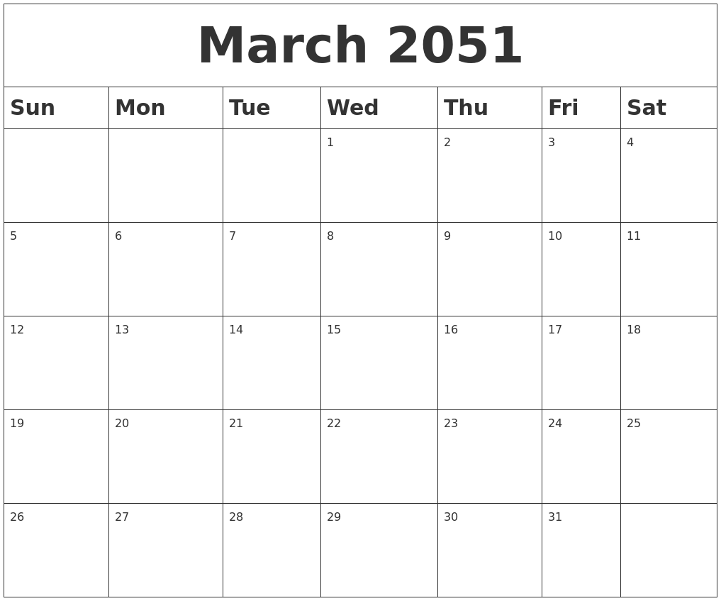 March 2051 Blank Calendar