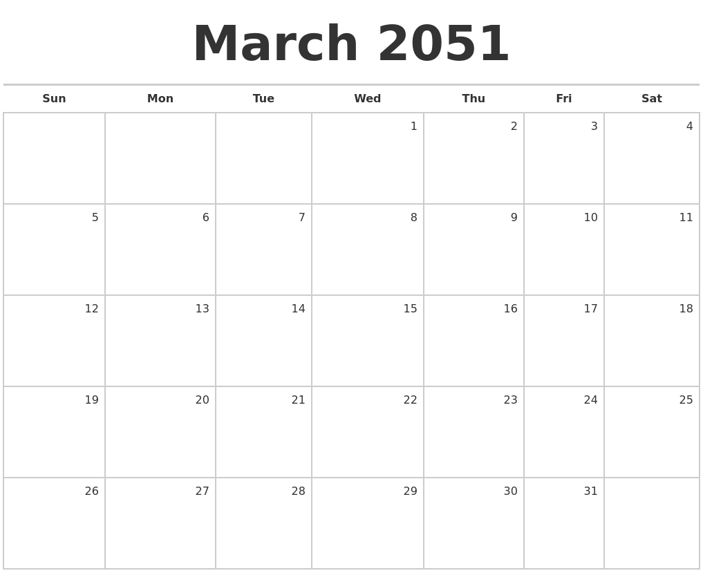 March 2051 Blank Monthly Calendar