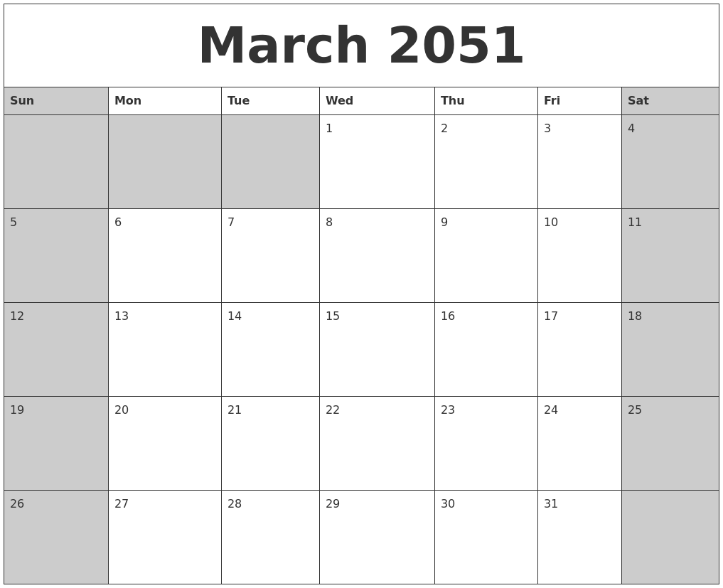 March 2051 Calanders