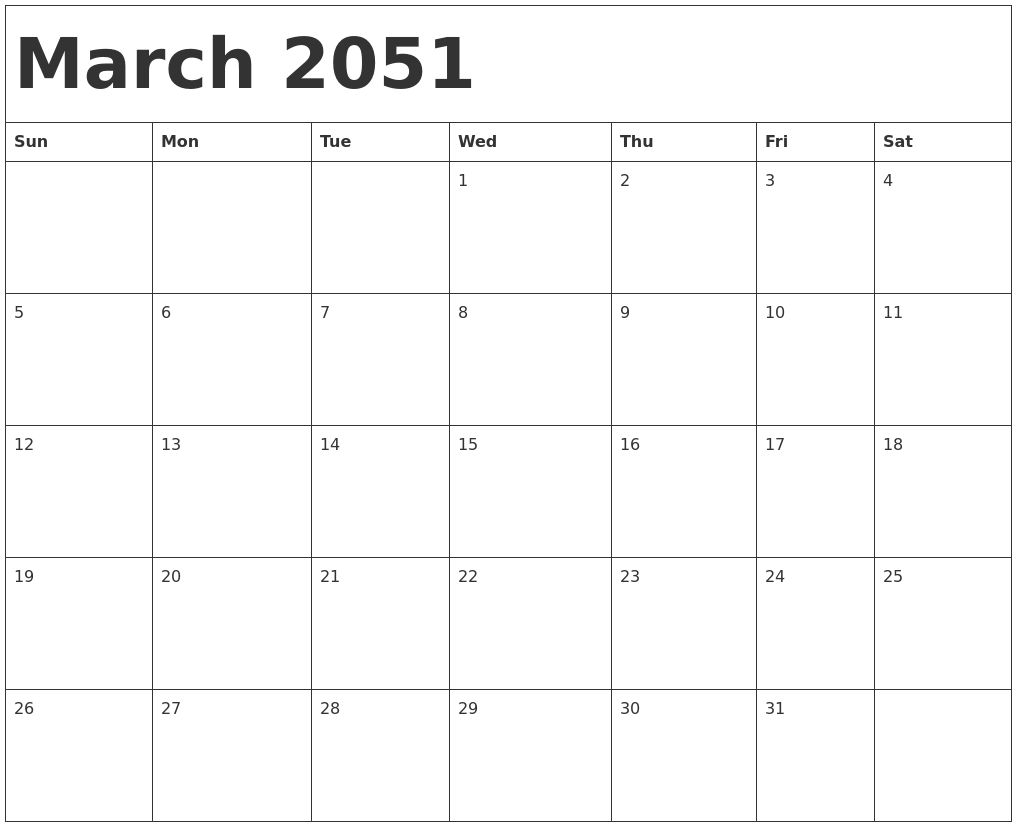 March 2051 Calendar Template