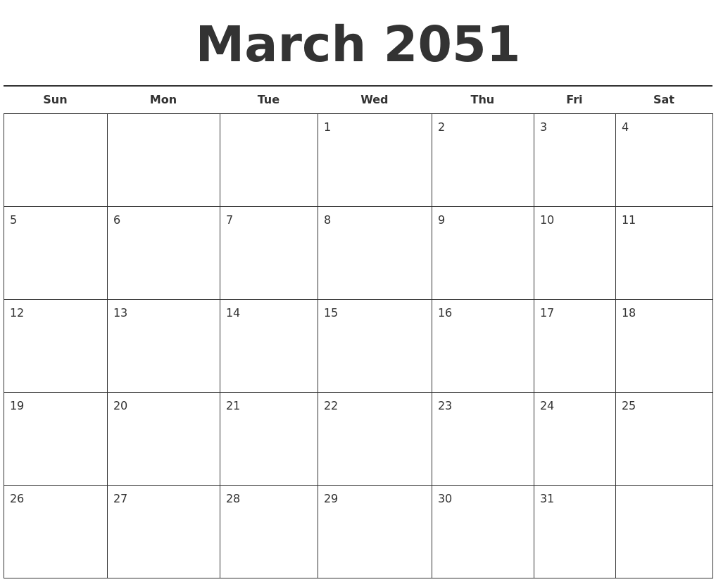 March 2051 Free Calendar Template