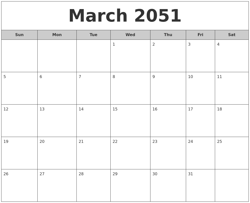 March 2051 Free Monthly Calendar