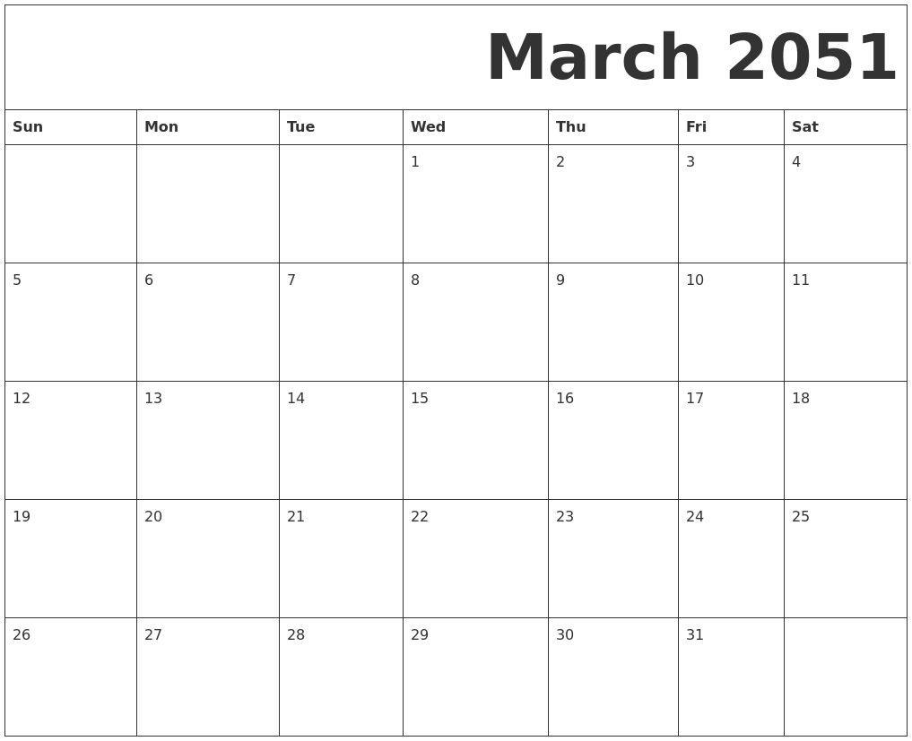 March 2051 Free Printable Calendar