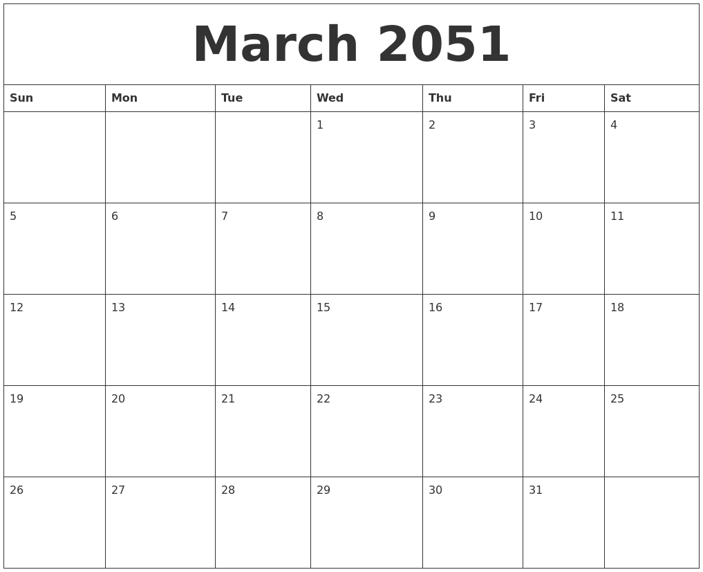 March 2051 Month Calendar Template