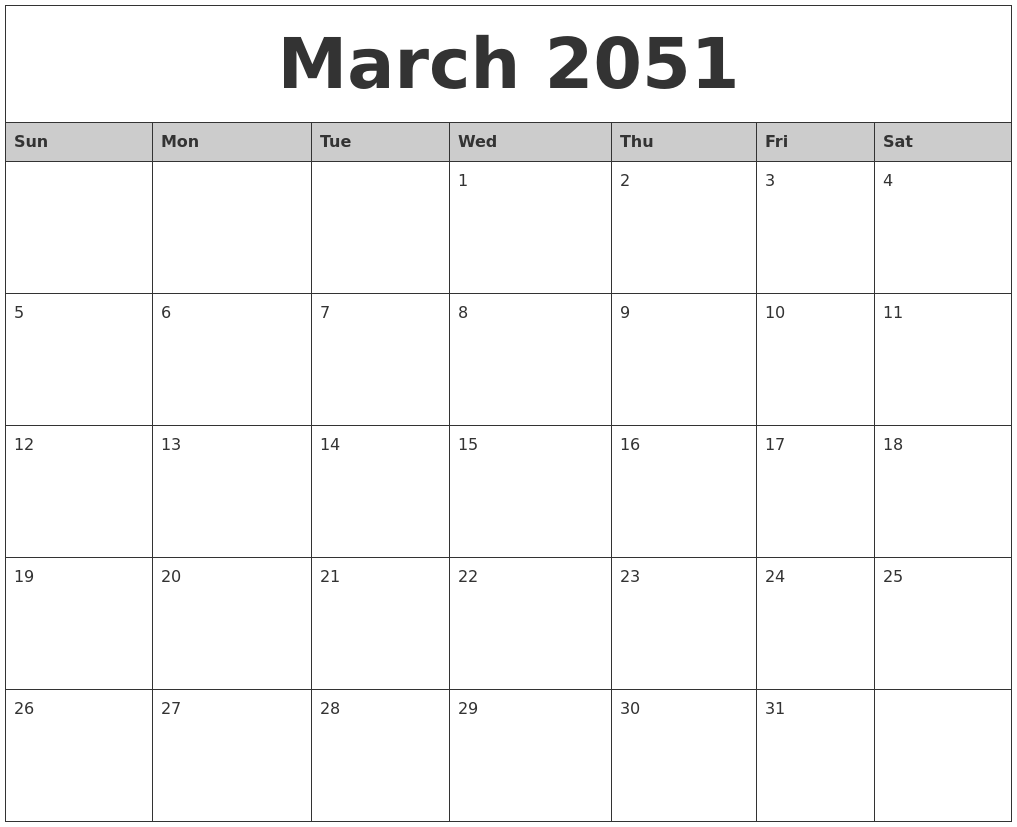 March 2051 Monthly Calendar Printable