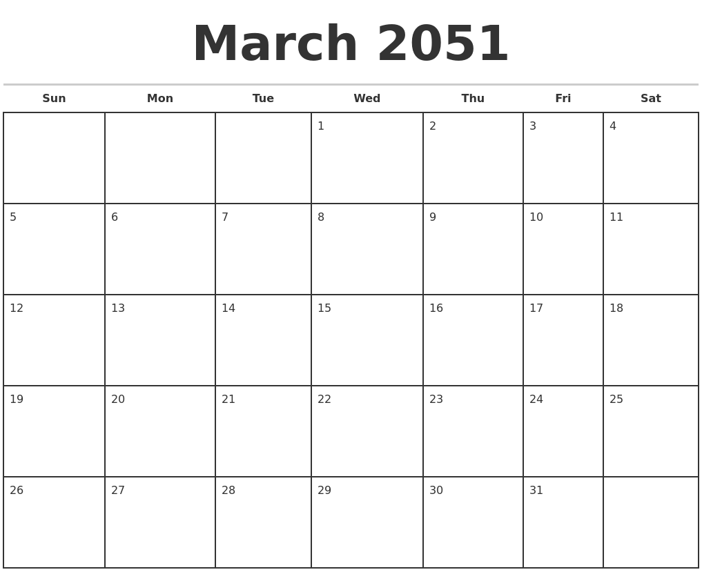 March 2051 Monthly Calendar Template