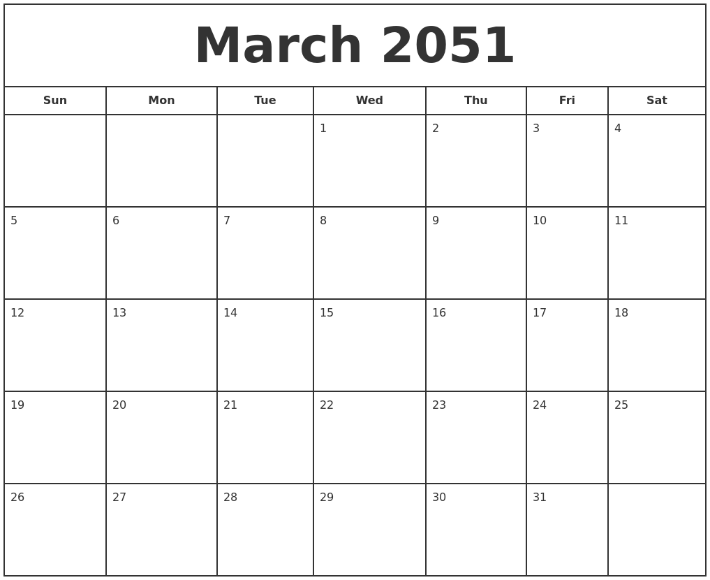 March 2051 Print Free Calendar