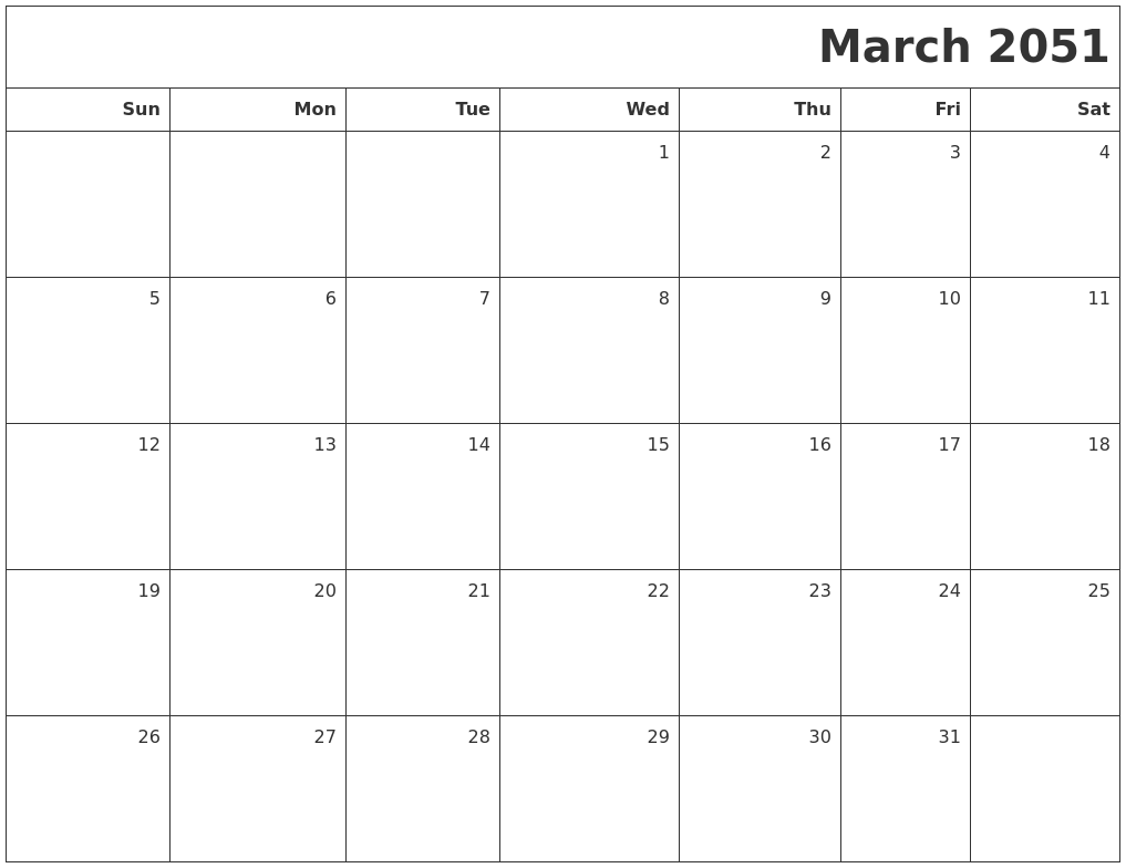 March 2051 Printable Blank Calendar