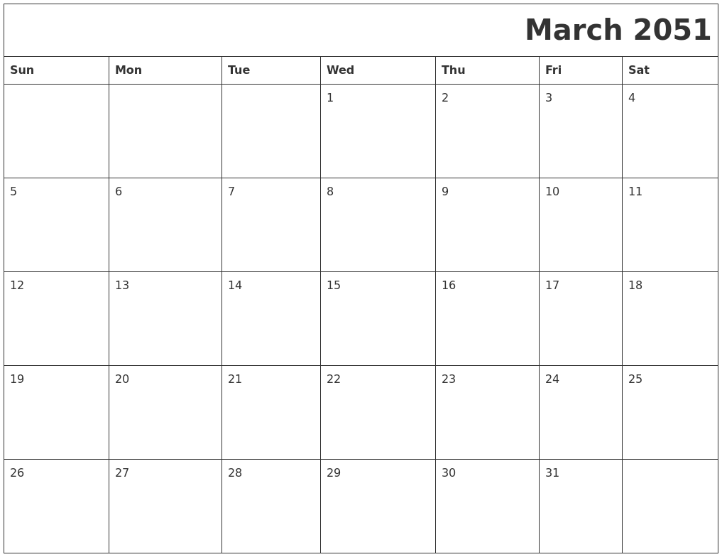 March 2051 Printable Calender