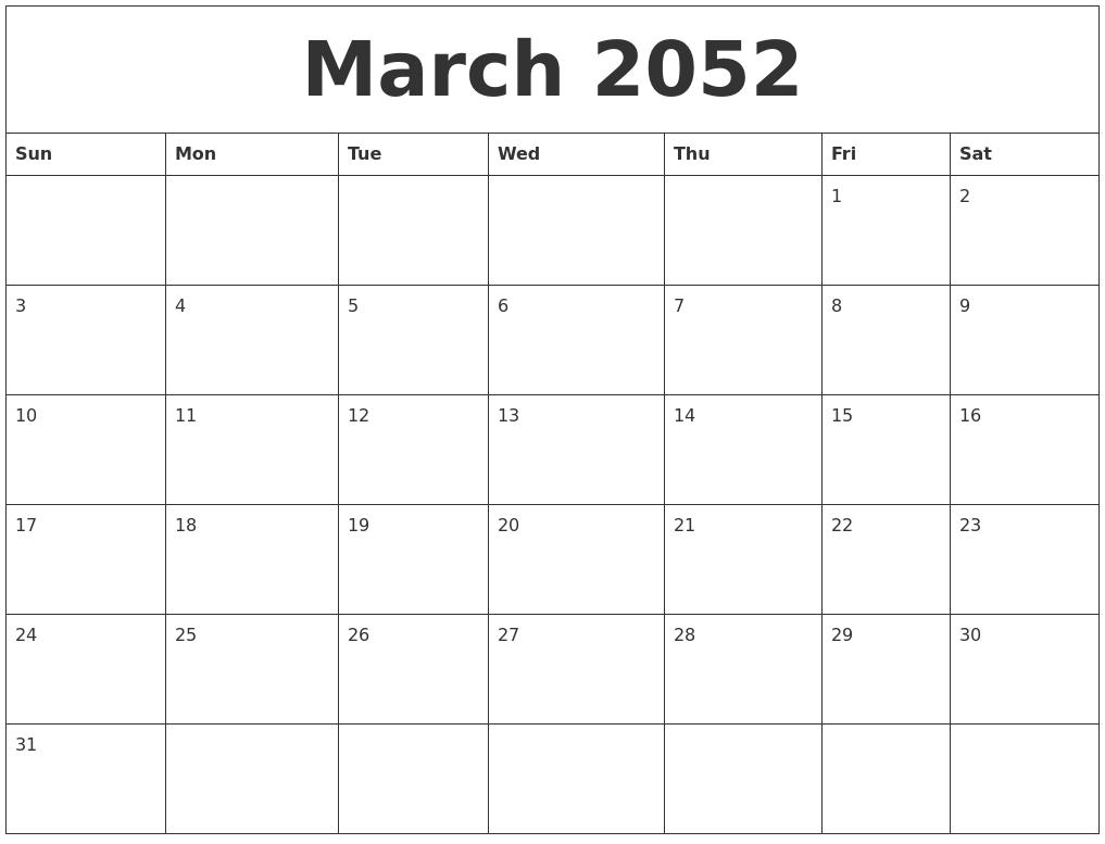 March 2052 Birthday Calendar Template