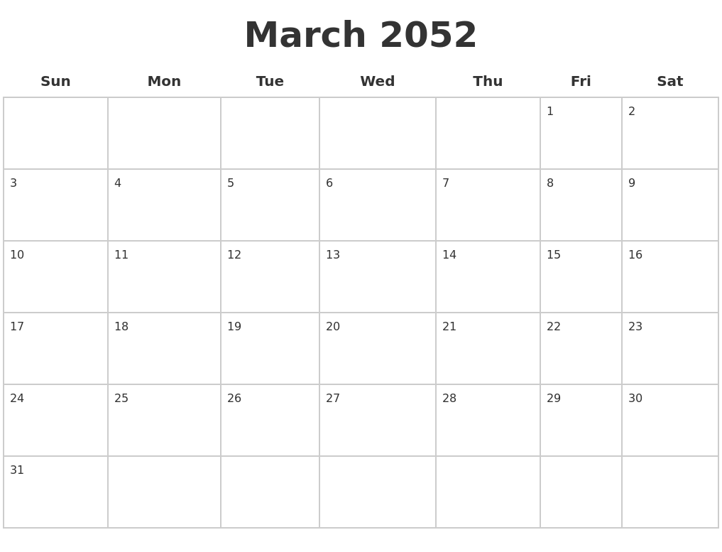 March 2052 Blank Calendar Pages