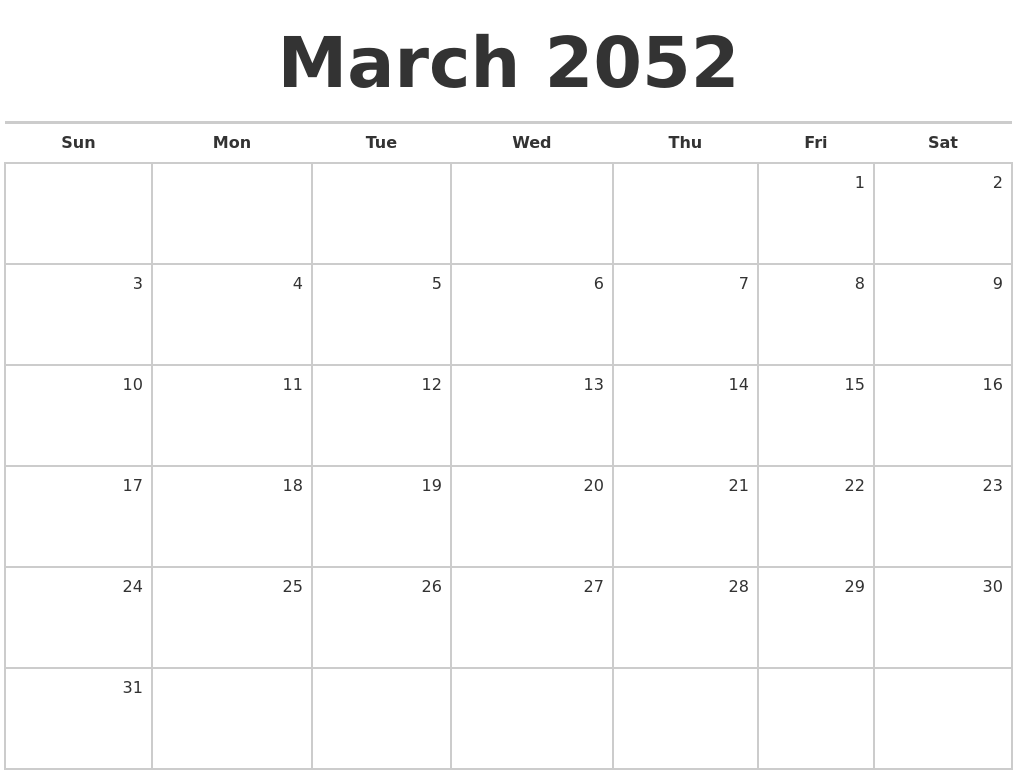 March 2052 Blank Monthly Calendar