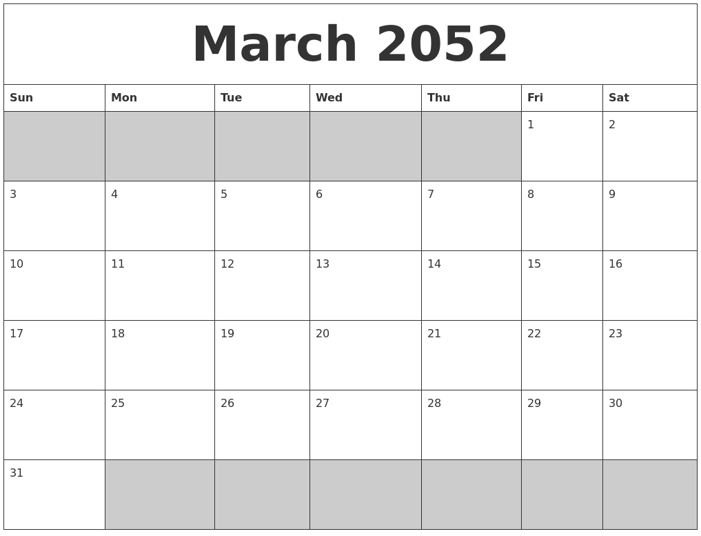 March 2052 Blank Printable Calendar