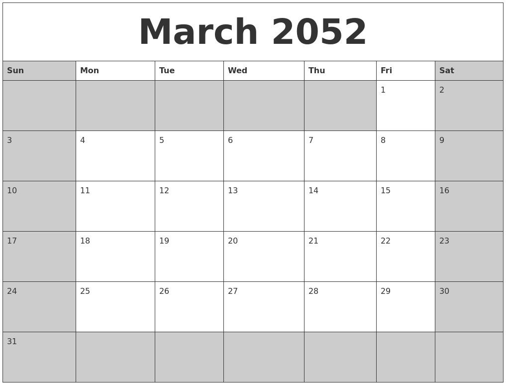 March 2052 Calanders