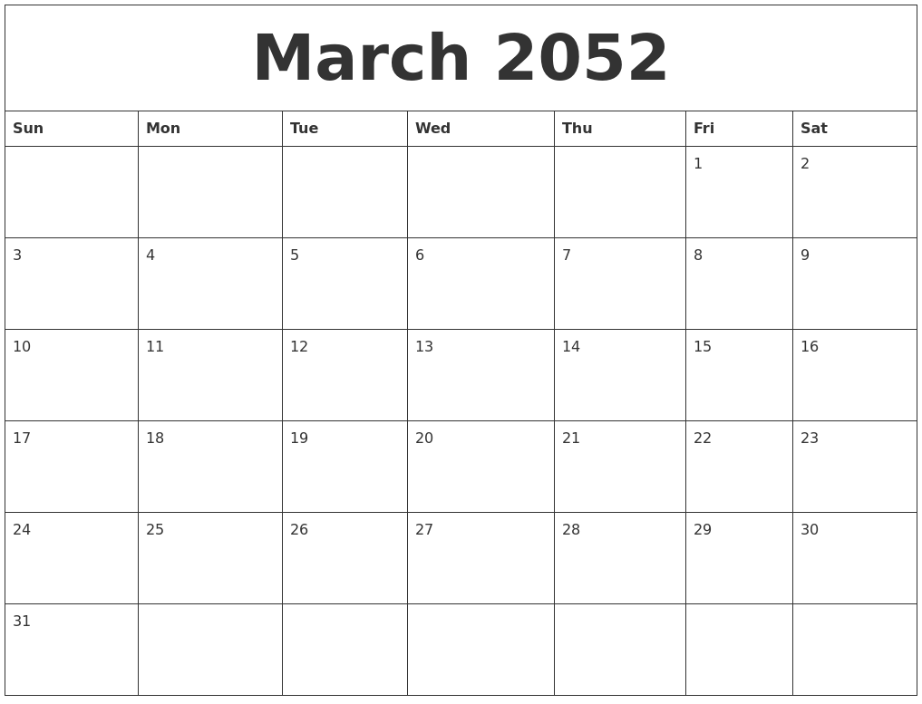 March 2052 Calendar Free Printable