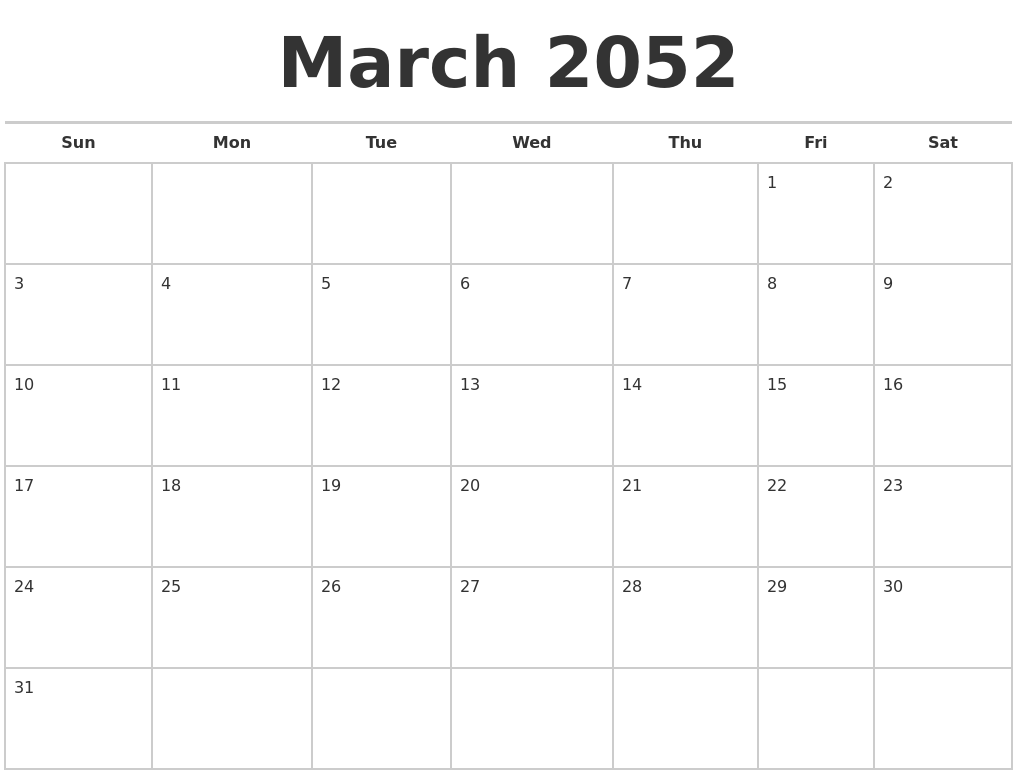 March 2052 Calendars Free