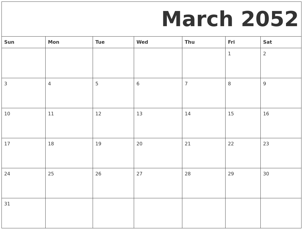 March 2052 Free Printable Calendar