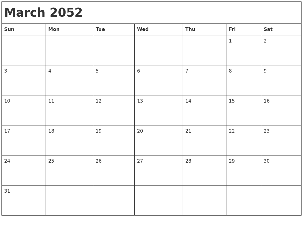 March 2052 Month Calendar