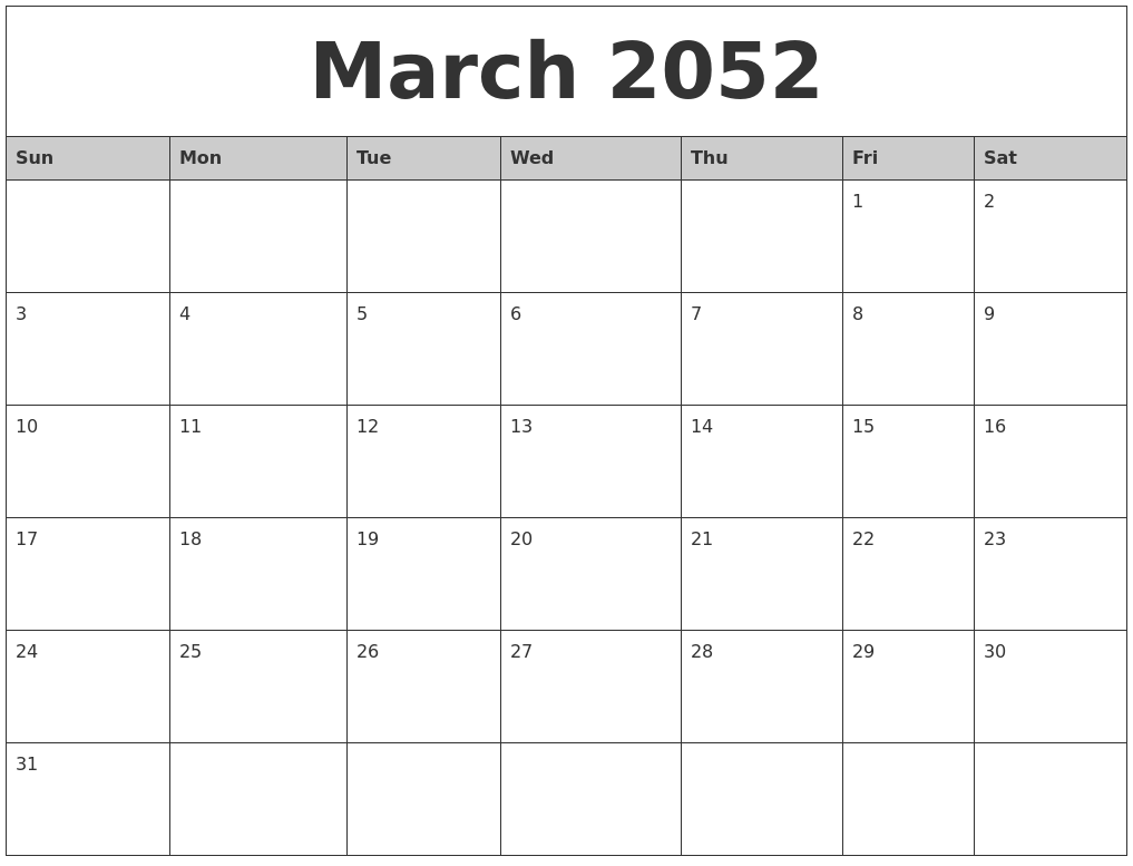 March 2052 Monthly Calendar Printable