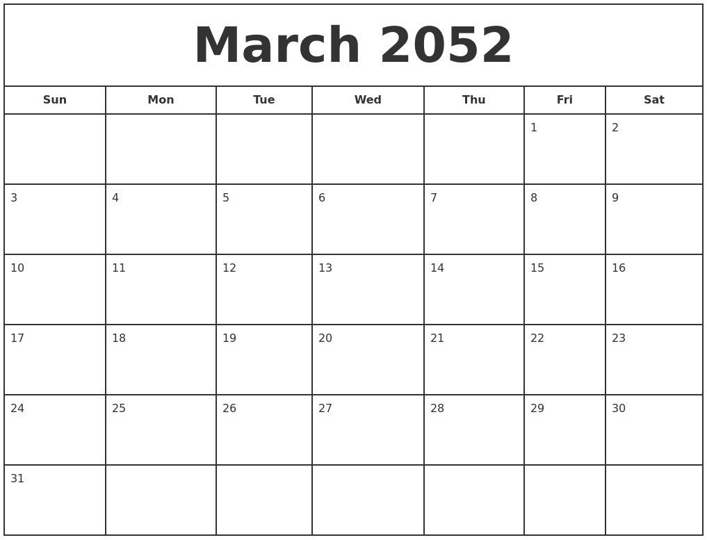 March 2052 Print Free Calendar