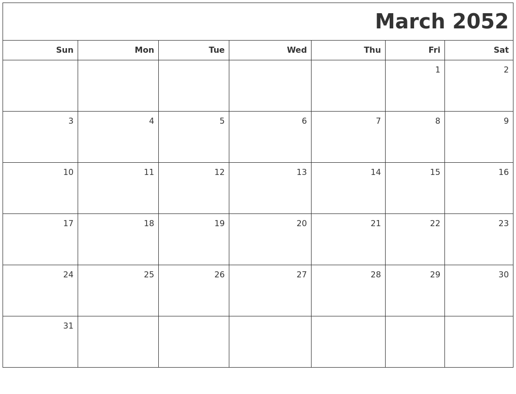 March 2052 Printable Blank Calendar