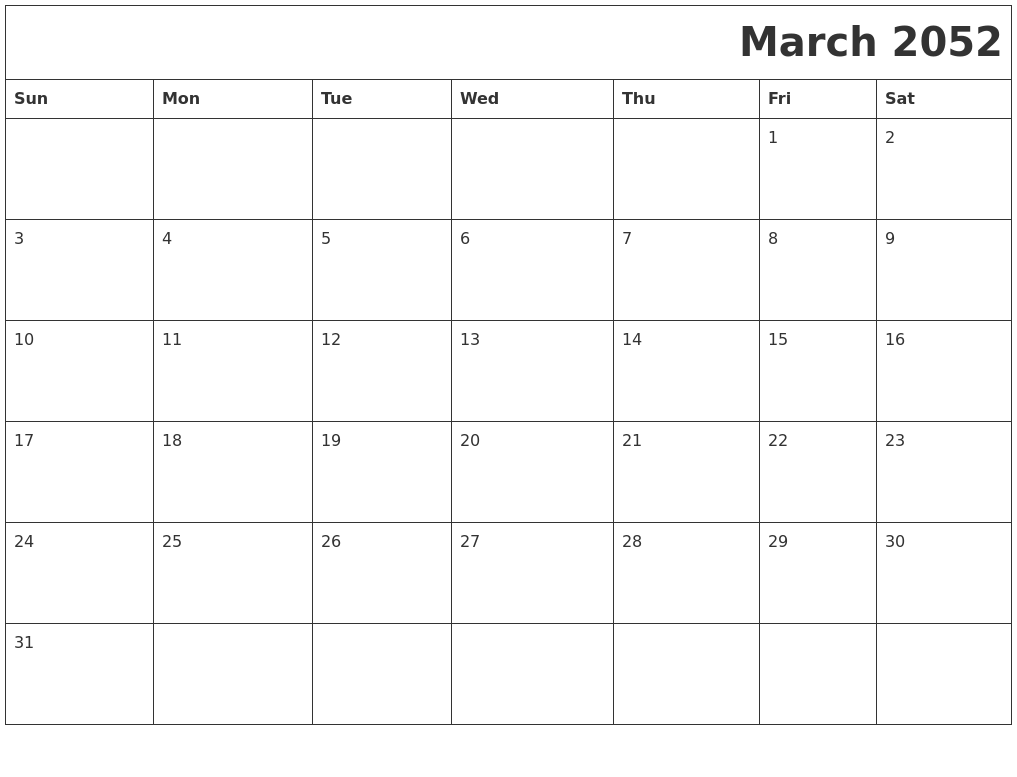 March 2052 Printable Calender