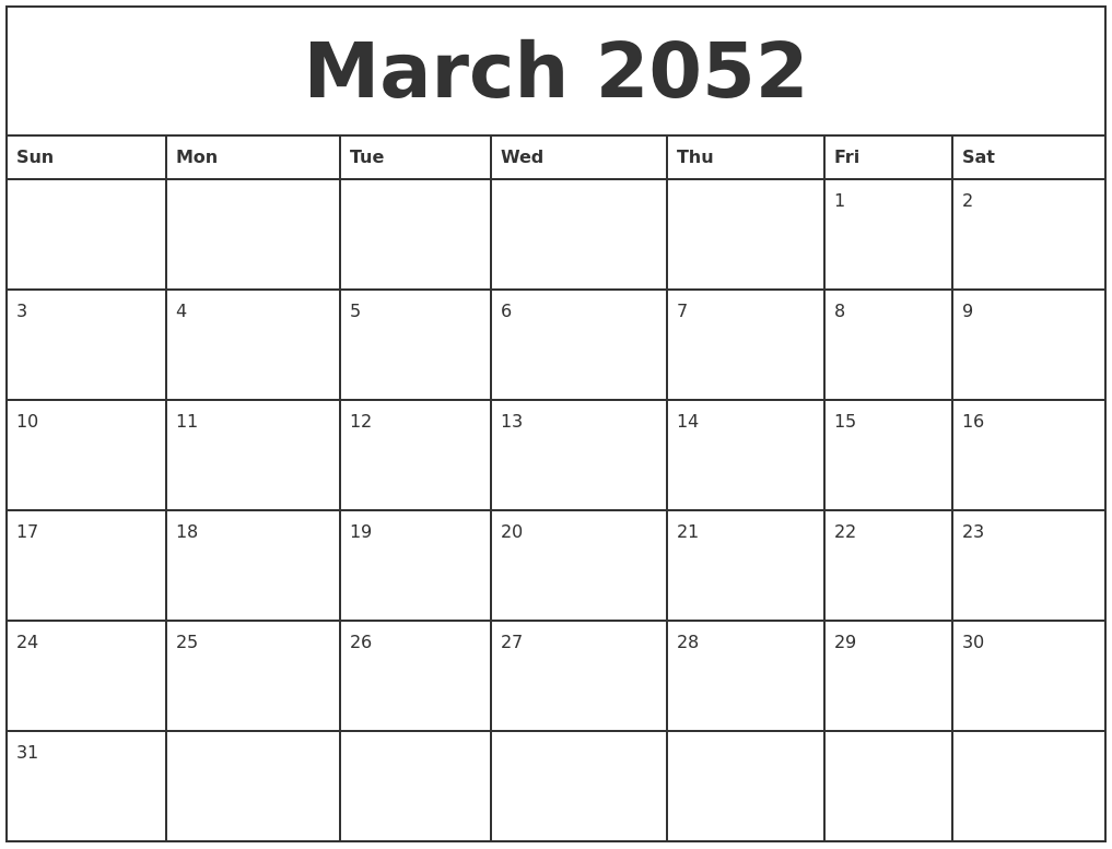 March 2052 Printable Monthly Calendar