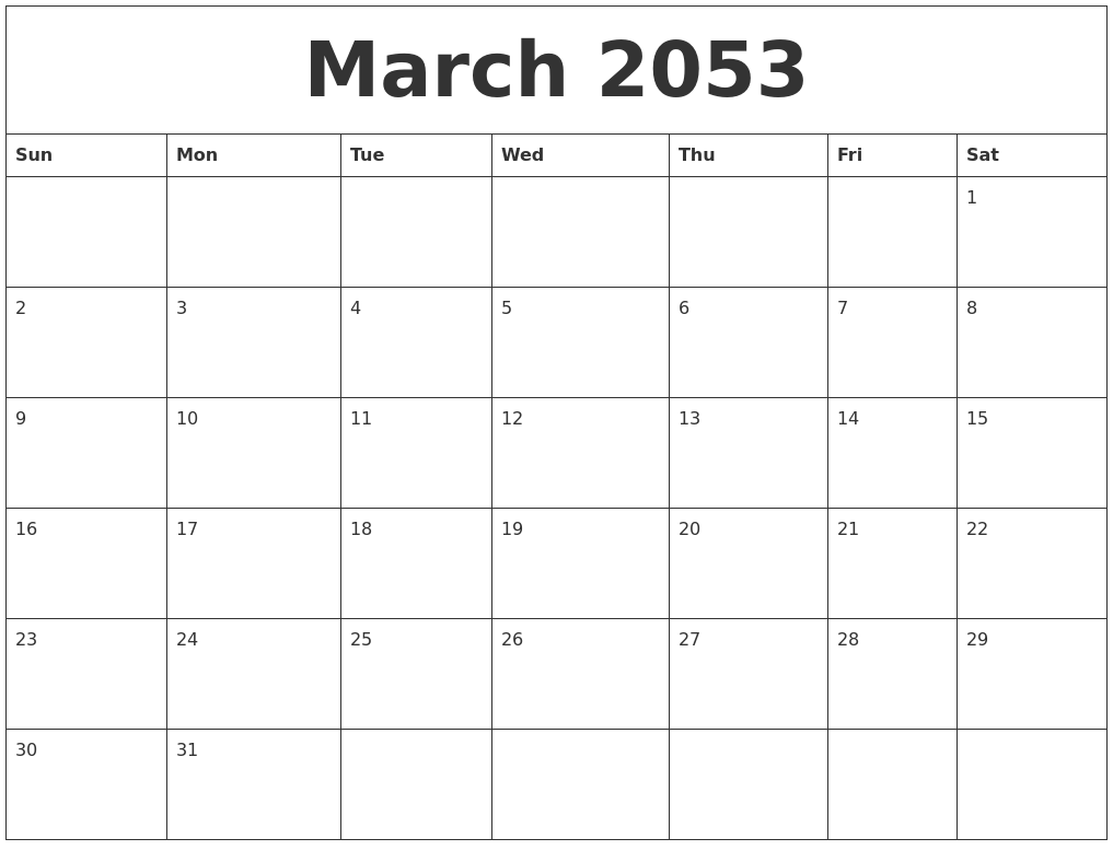 March 2053 Birthday Calendar Template