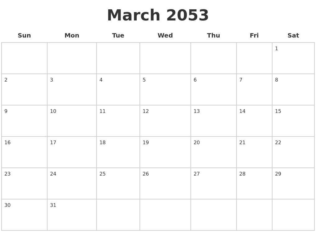 March 2053 Blank Calendar Pages