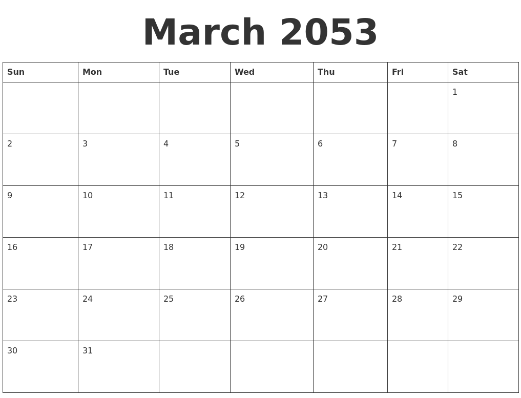 March 2053 Blank Calendar Template