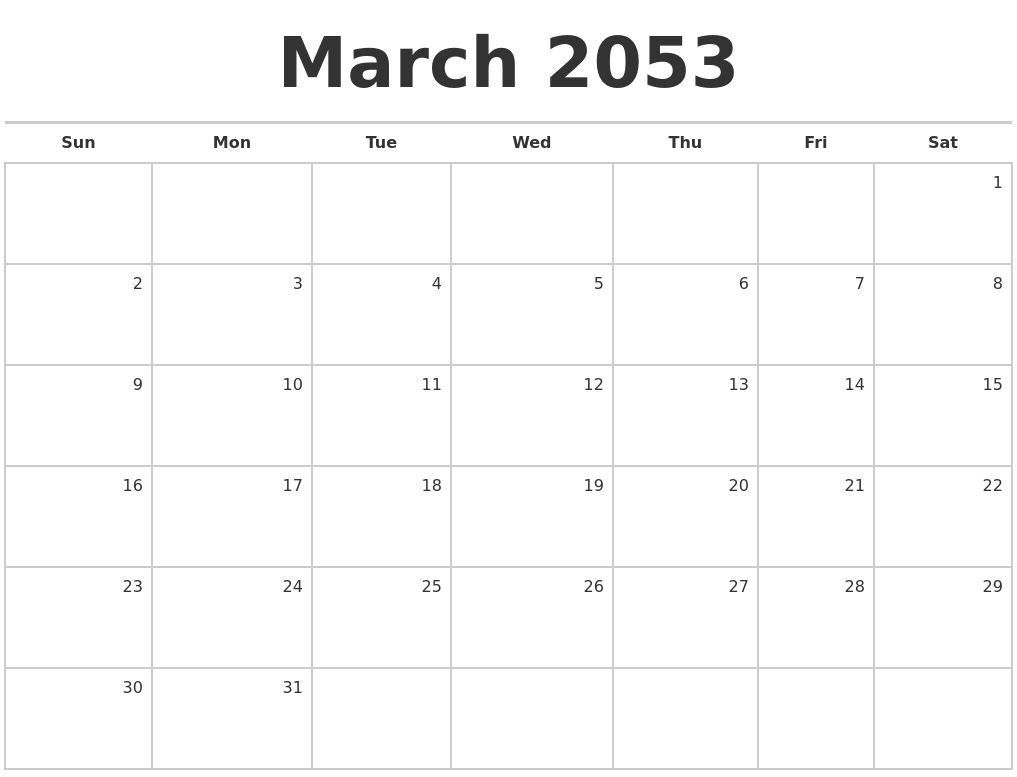 March 2053 Blank Monthly Calendar