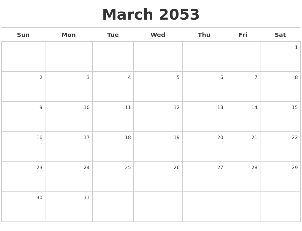 March 2053 Calendar Maker