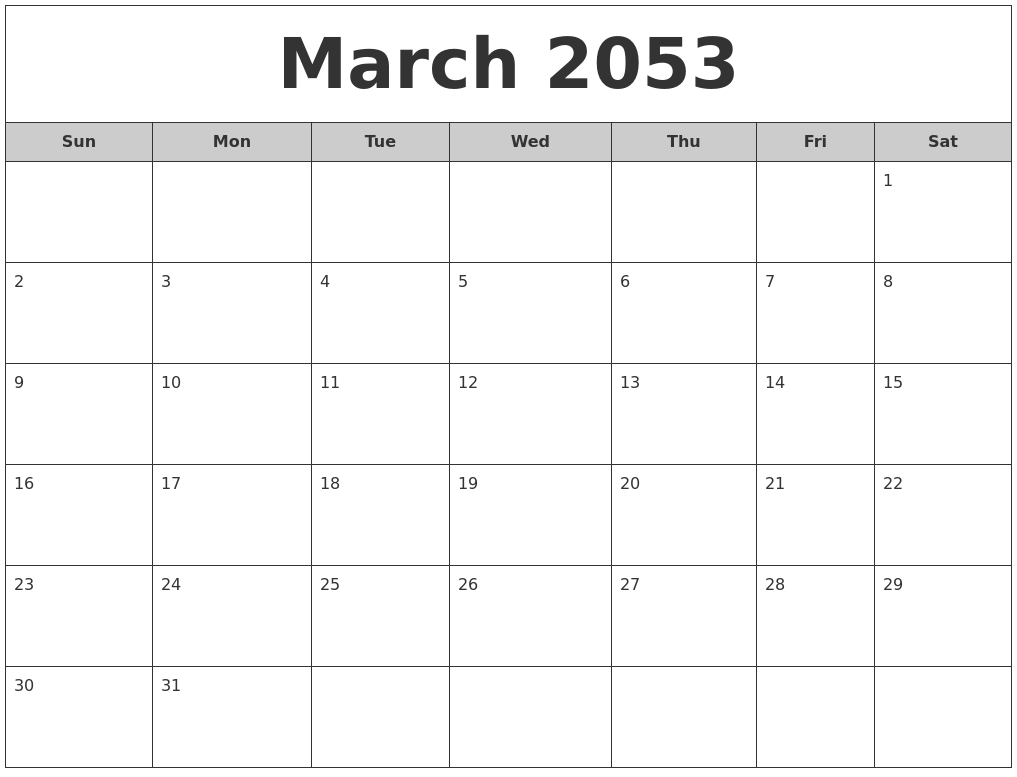 March 2053 Free Monthly Calendar