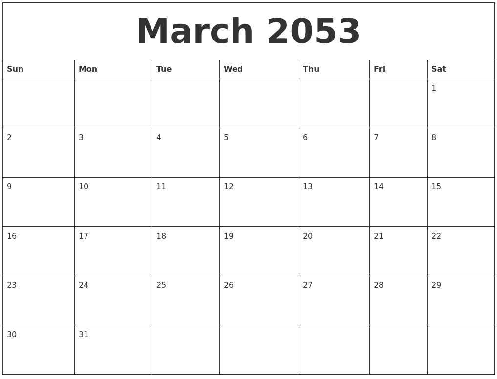 March 2053 Free Printable Weekly Calendar