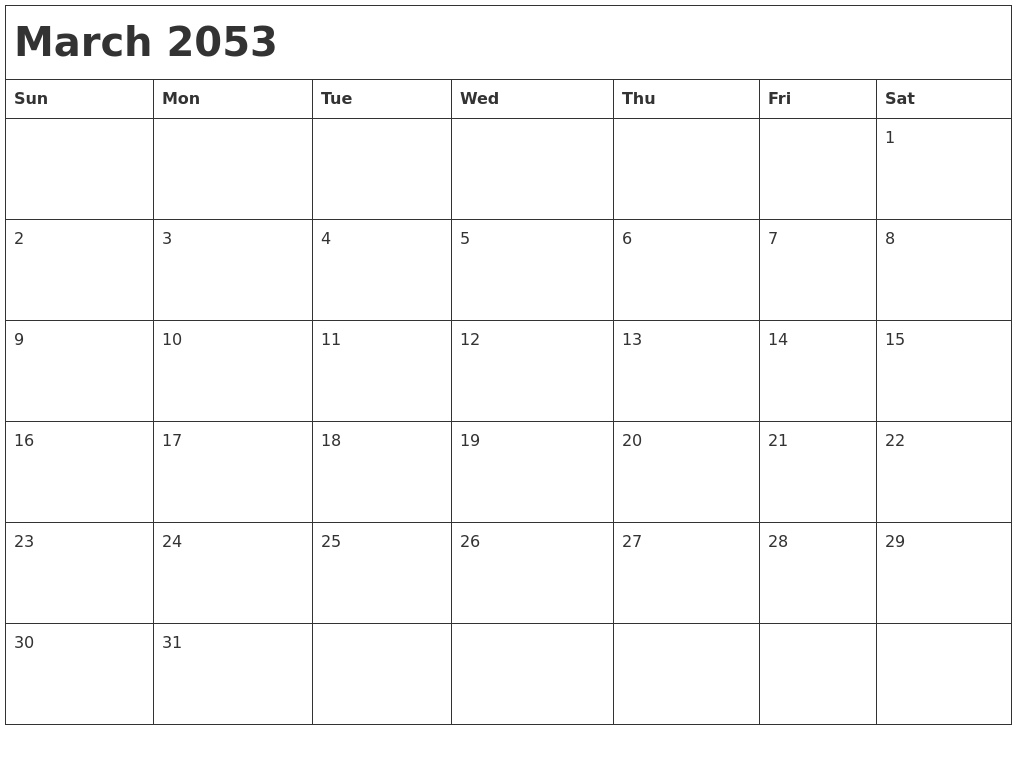 March 2053 Month Calendar