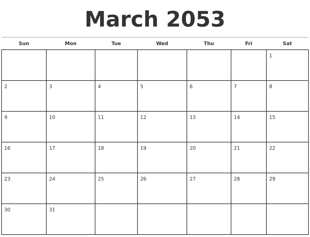 March 2053 Monthly Calendar Template