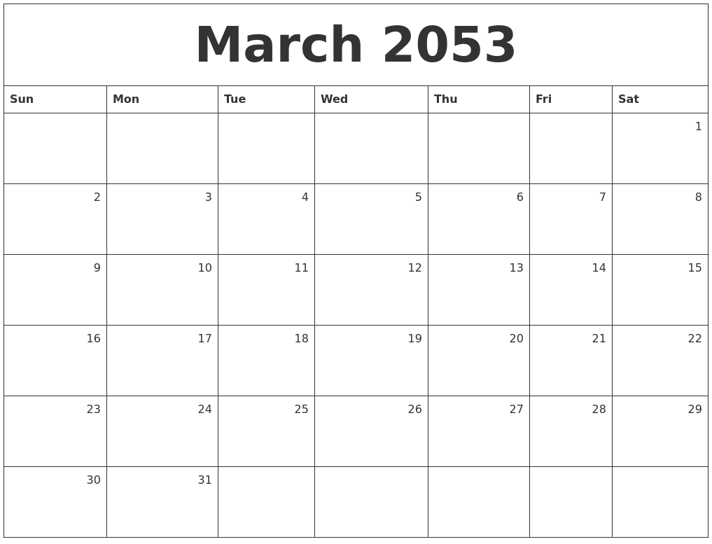 March 2053 Monthly Calendar