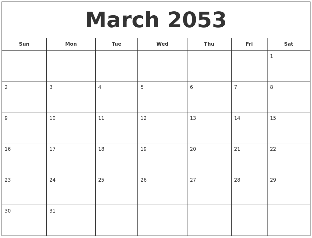 March 2053 Print Free Calendar