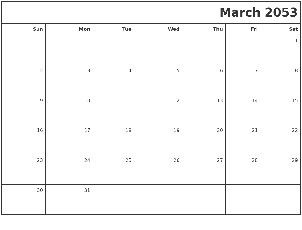 March 2053 Printable Blank Calendar