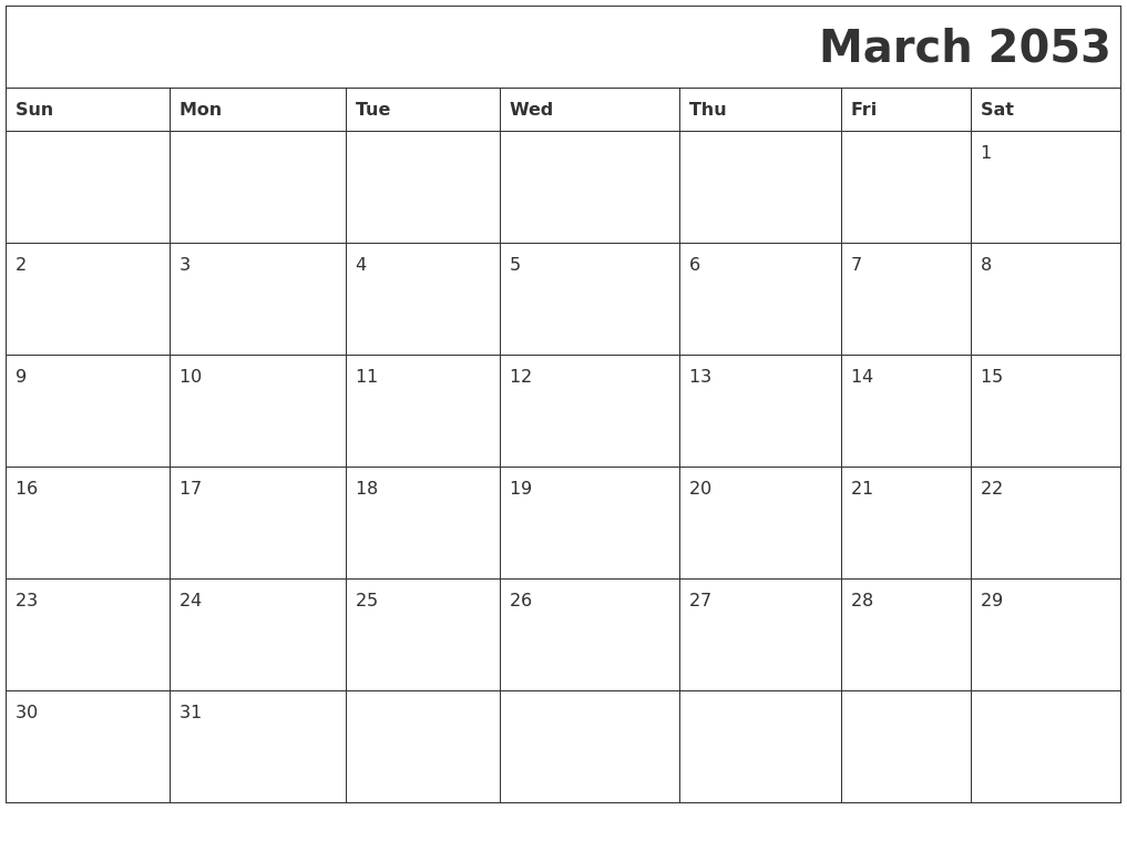 March 2053 Printable Calender