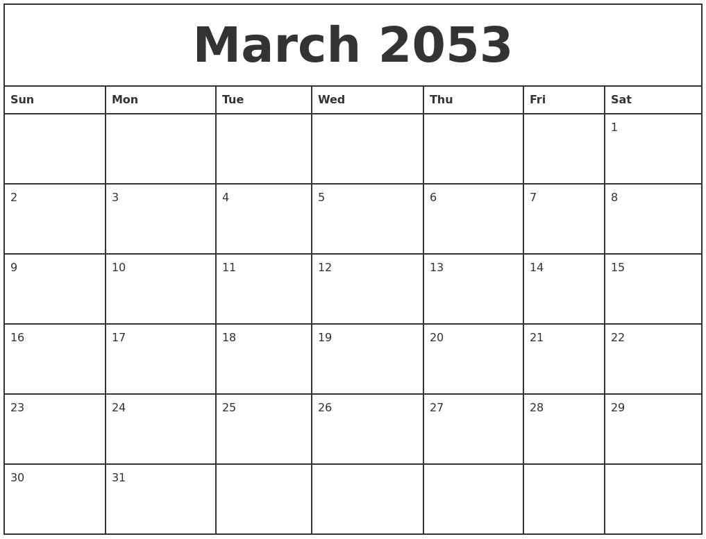 March 2053 Printable Monthly Calendar