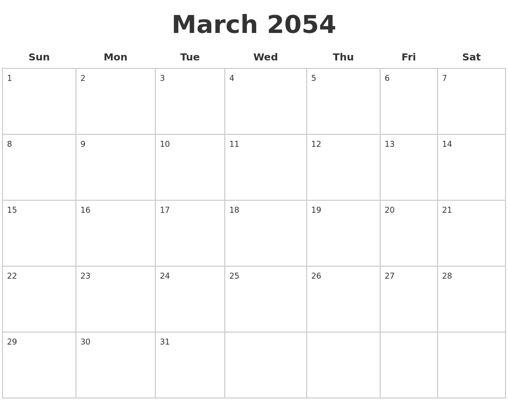 March 2054 Blank Calendar Pages