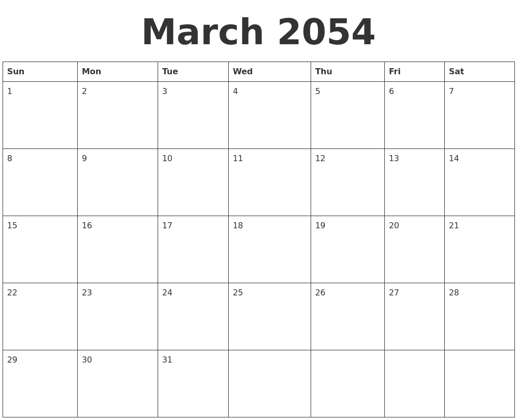 March 2054 Blank Calendar Template