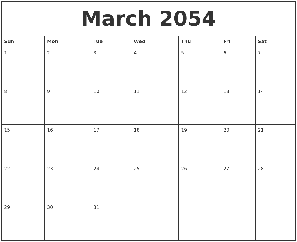 March 2054 Blank Calendar To Print